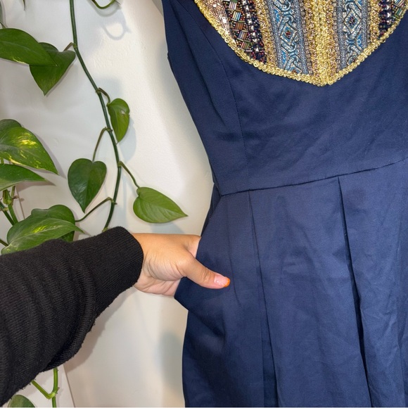 ANTHROPOLOGIE Moulinette Soeurs Navy Gold Trim Beading Dress - Picture 4 of 13